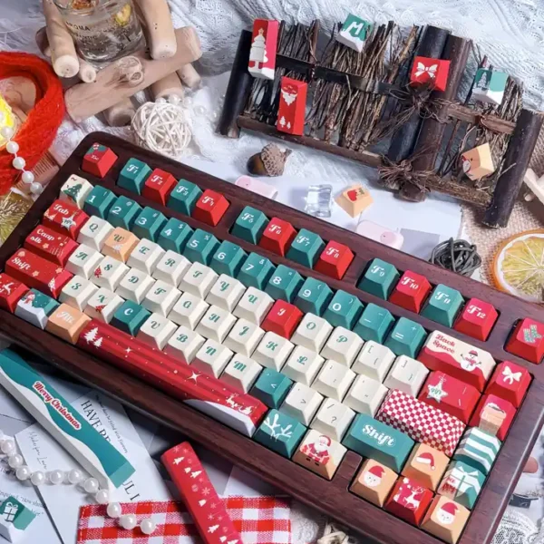 Christmas Tree 144-key keycap set in festive red, green and cream, shown on a keyboard