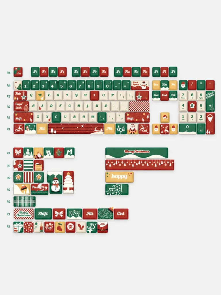 Christmas Tree 144-key keycap set layout showing included keys and novelty designs