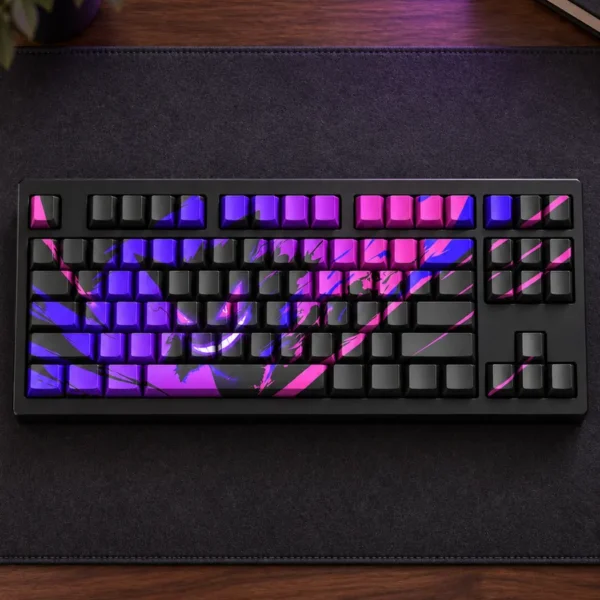 Gengar purple, magenta and black keycaps shown installed on a keyboard, AI visualization