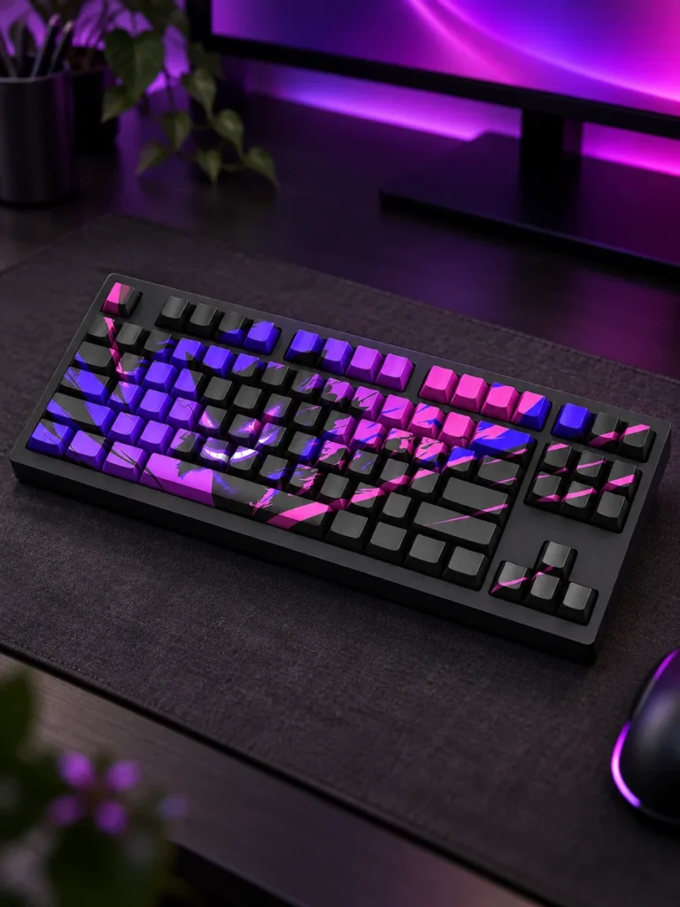 Angled keyboard visualization of Gengar purple and black keycaps