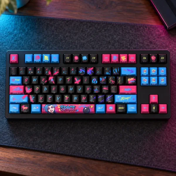 Jinx blue, pink and black keycaps installed on a keyboard, AI visualization