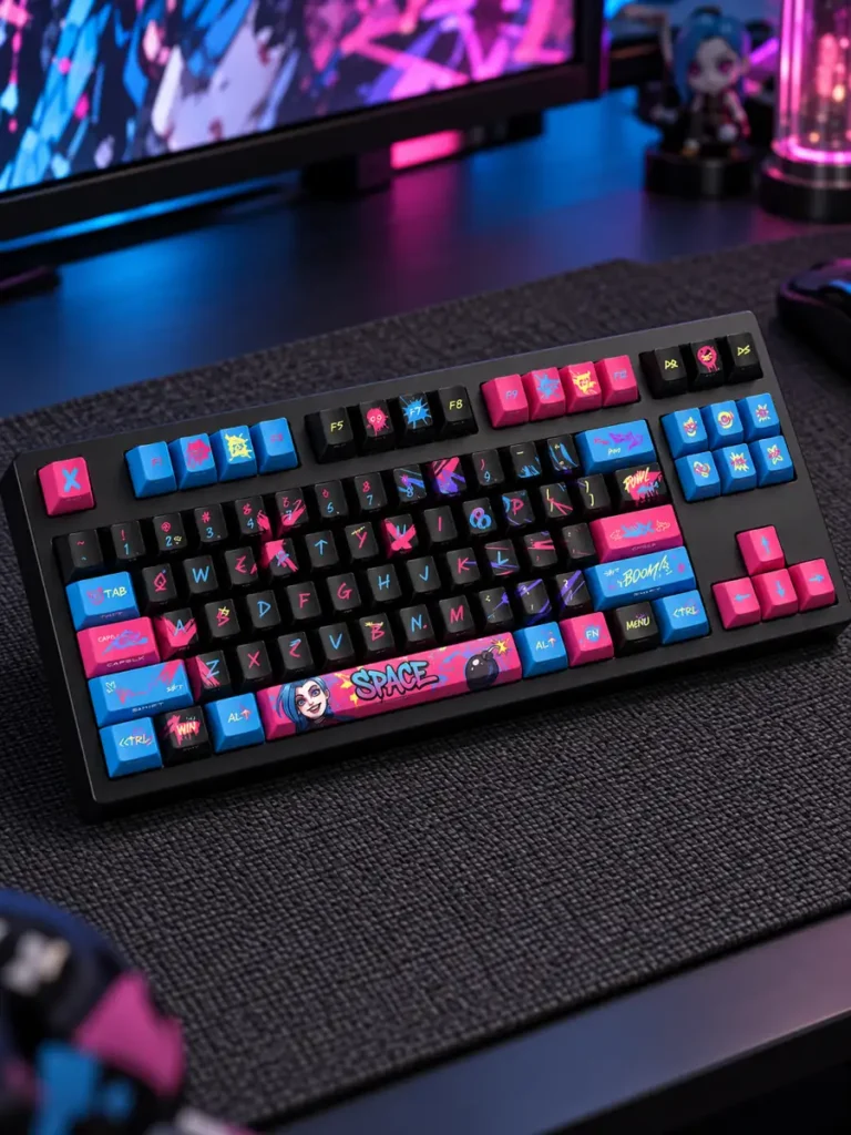 Angled visualization of Jinx graffiti keycaps on a black keyboard