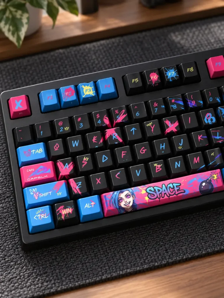Left-side detail visualization of Jinx keycaps and illustrated spacebar
