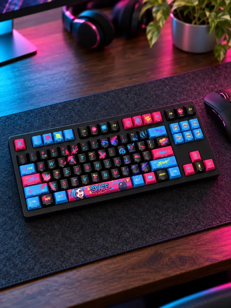 Jinx keycaps keyboard visualization on a blue and pink lit desktop