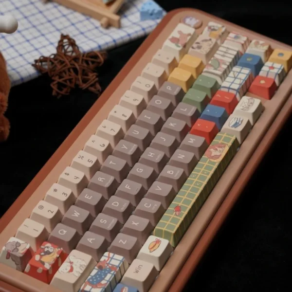 Playful Pups 140-key keycap set with cream, taupe and colorful dog designs shown on a keyboard