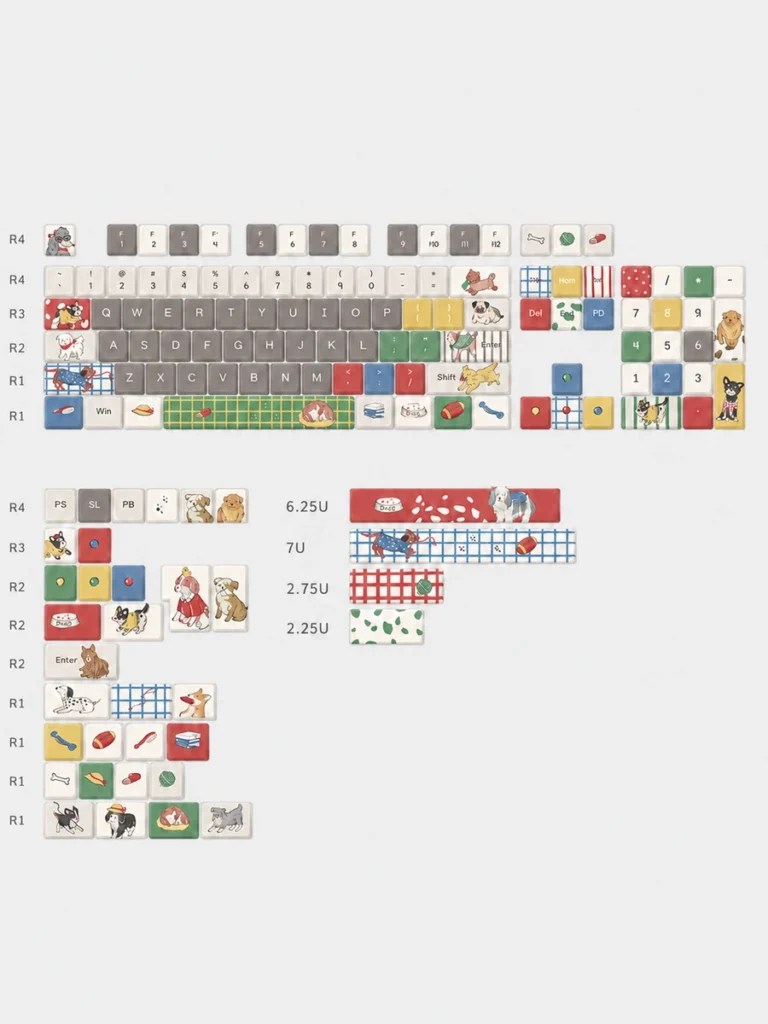 Playful Pups 140-key keycap layout with included novelty keys and alternate spacebar sizes