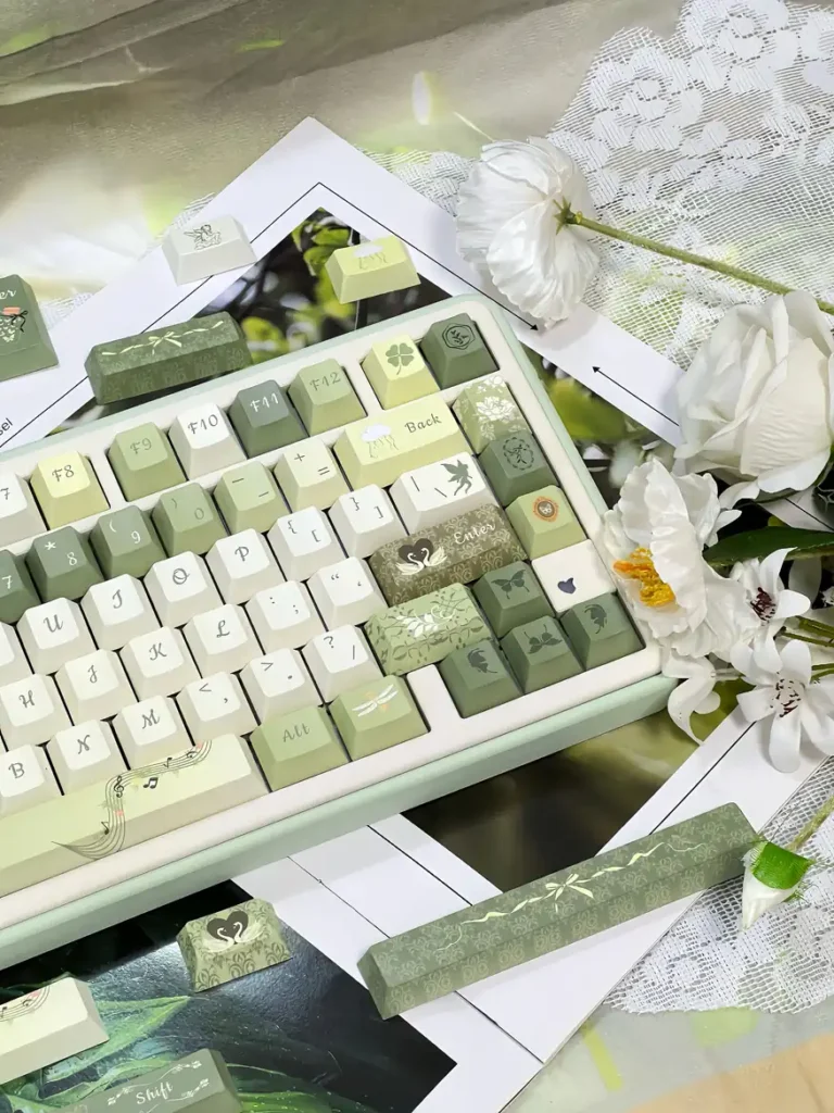 Right-side detail of Quiet Depths keycaps with swans, butterflies and floral designs