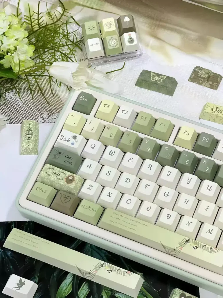 Close-up of Quiet Depths keycaps with delicate botanical and novelty designs
