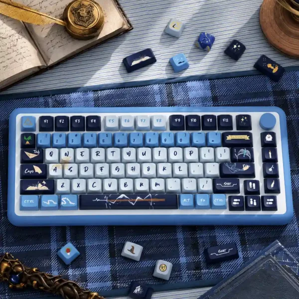 Ravenclaw 158-key keycap set in sky blue, navy and ivory, shown on a keyboard