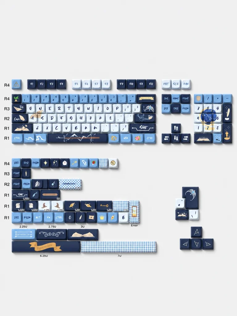 Ravenclaw 158-key keycap layout showing included keys and alternate spacebar sizes
