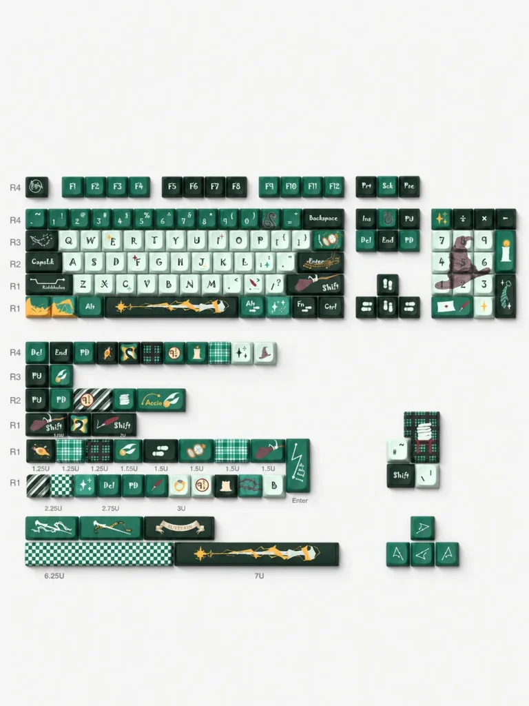 Slytherin 158-key keycap layout showing included novelty keys and alternate spacebar sizes